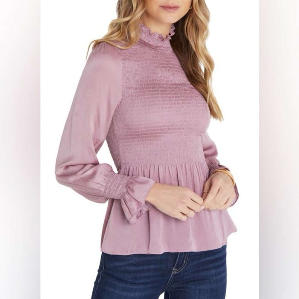 Vici women’s smocked dusty pink mauve blouse long‎ sleeve XL silky peasant
